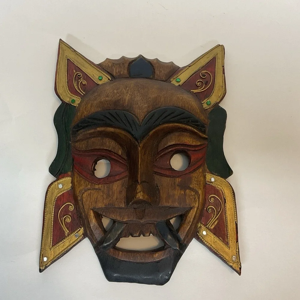 Vtg Hand Carved Wood Mask-Hand Carved & Painted-Decor - Rhinestones - 10 x 7 in.